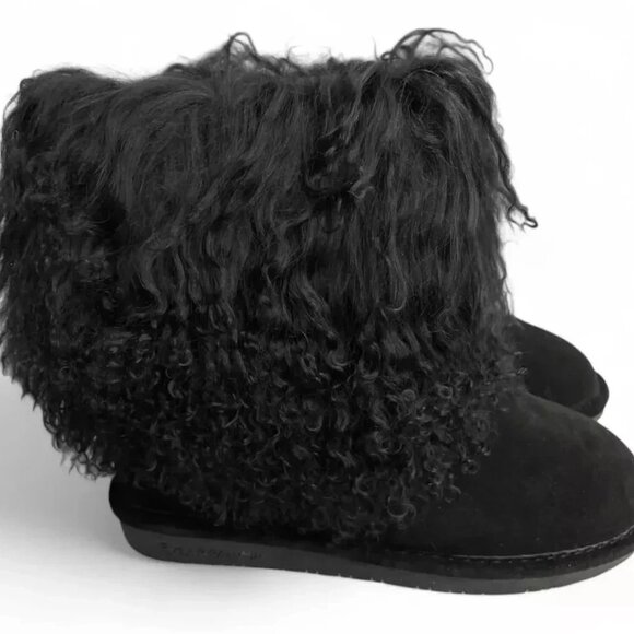 Bearpaw Boo Black Shearling Wool Line Curly Lamb Fur Mongolian Sherpa Boots 7 - Picture 3 of 9